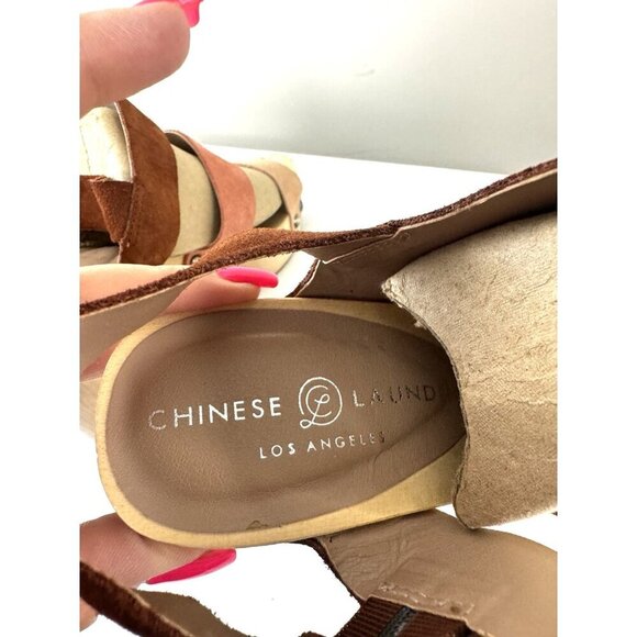 Retro Boho Chunky Platform Suede Leather 9.5 Sandals Pink Brown Wooden Heel - Picture 7 of 16